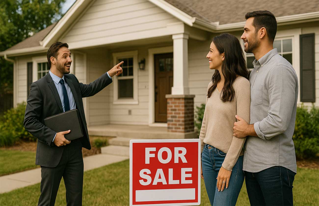 A-real-estate-agent-showing-a-couple-a-house-with-a-'For-Sale'-sign-in-the-yard